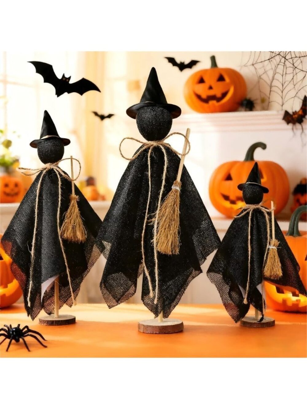 3 Set Primitive Halloween Wooden Witch Decor with Hat Mantel Shelf Tabletop